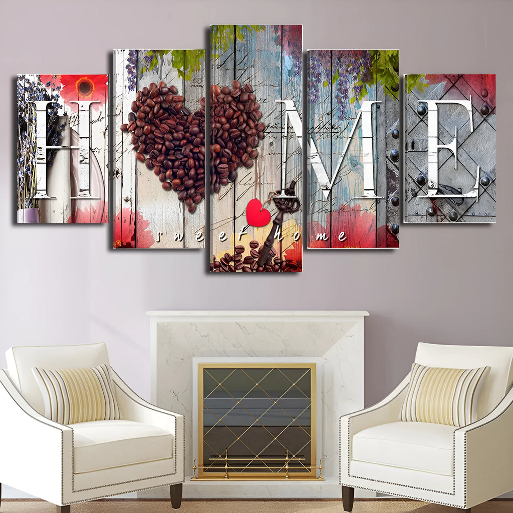 Set of five red oil painting texture canvases in different sizes for home wall decoration