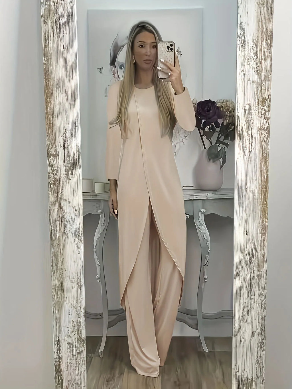 Women's black polyester long sleeve two-piece lounge set with loose fit round neck top and trousers