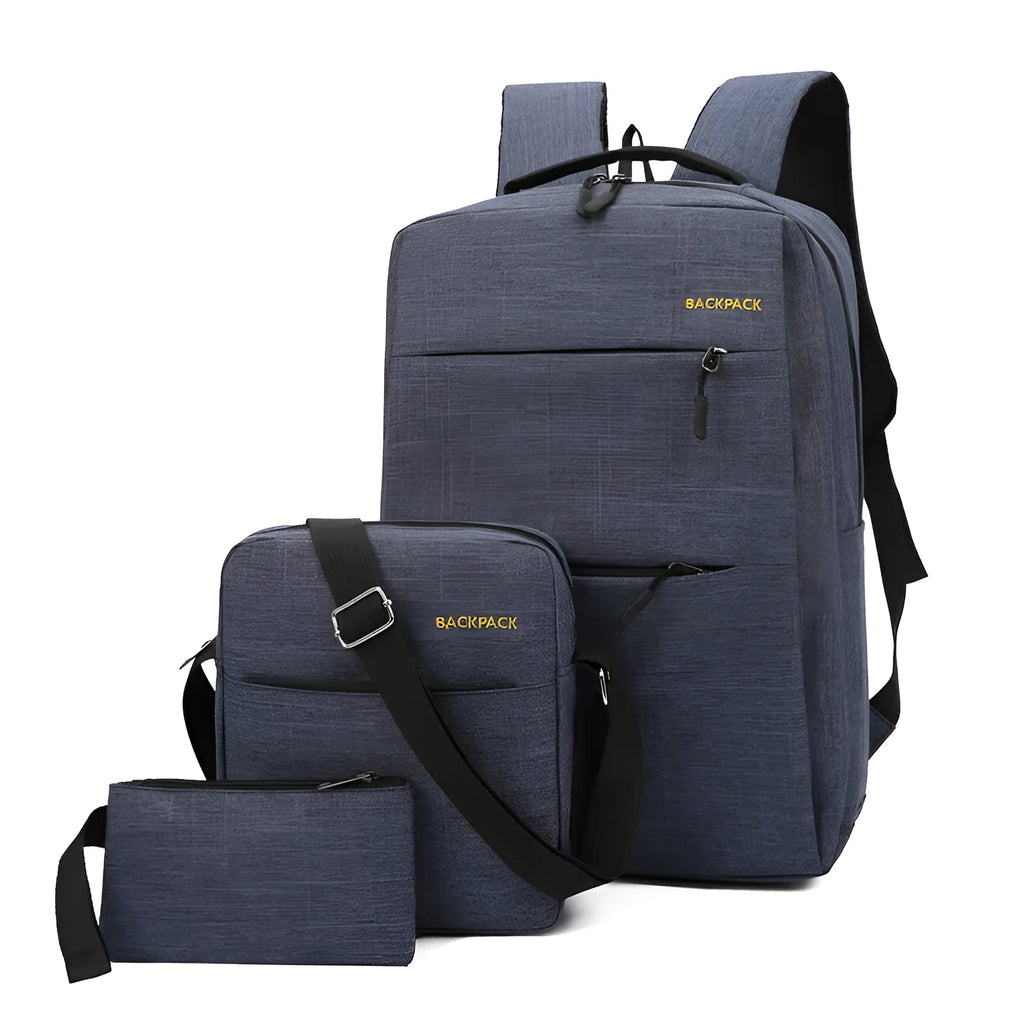 Men's USB charging casual computer bag three-piece set in solid colours with multiple compartments and air pillow belt