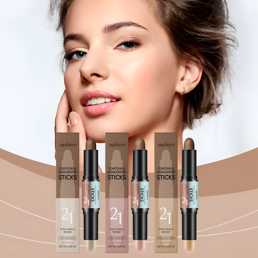 A 2-in-1 dual-tip makeup outline highlighter pencil for eyebrows and lips in three colour options.