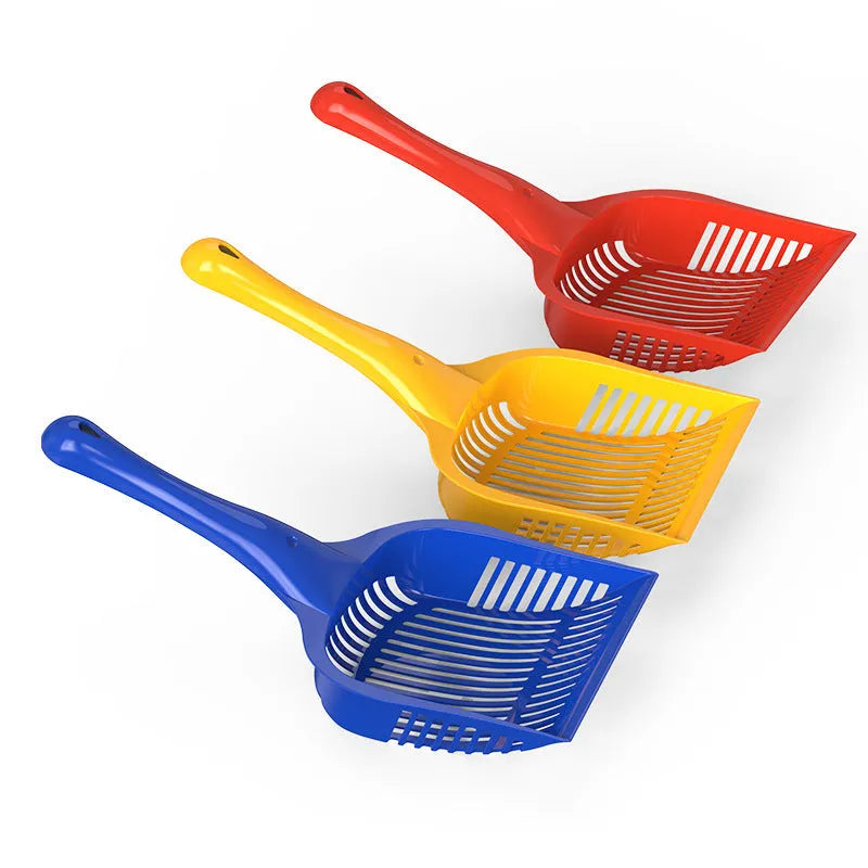 Red, yellow, and blue plastic cat litter scoops in small and medium sizes on a white background.