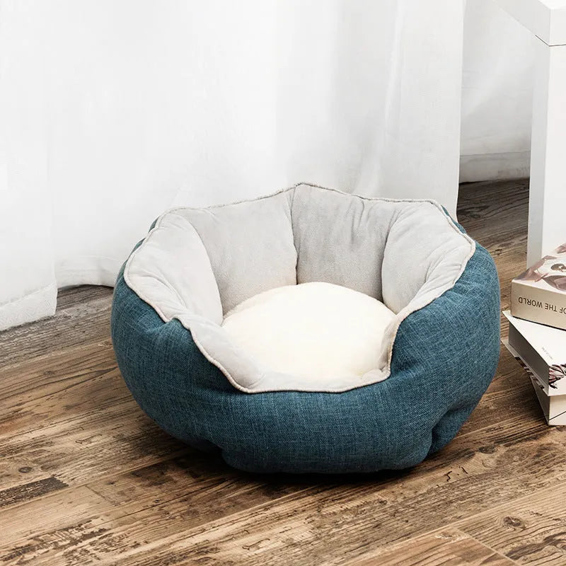 Octagonal pet bed with removable mats in blue colour for cats and small dogs