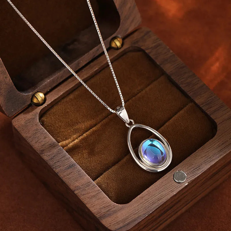 925 sterling silver moonstone pendant necklace with white gold colour box chain, crystal inlay, 41-50cm perimeter