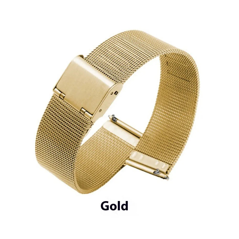 Milani silk woven stainless steel watch replacement strap in silver, black, rose gold, and gold colours