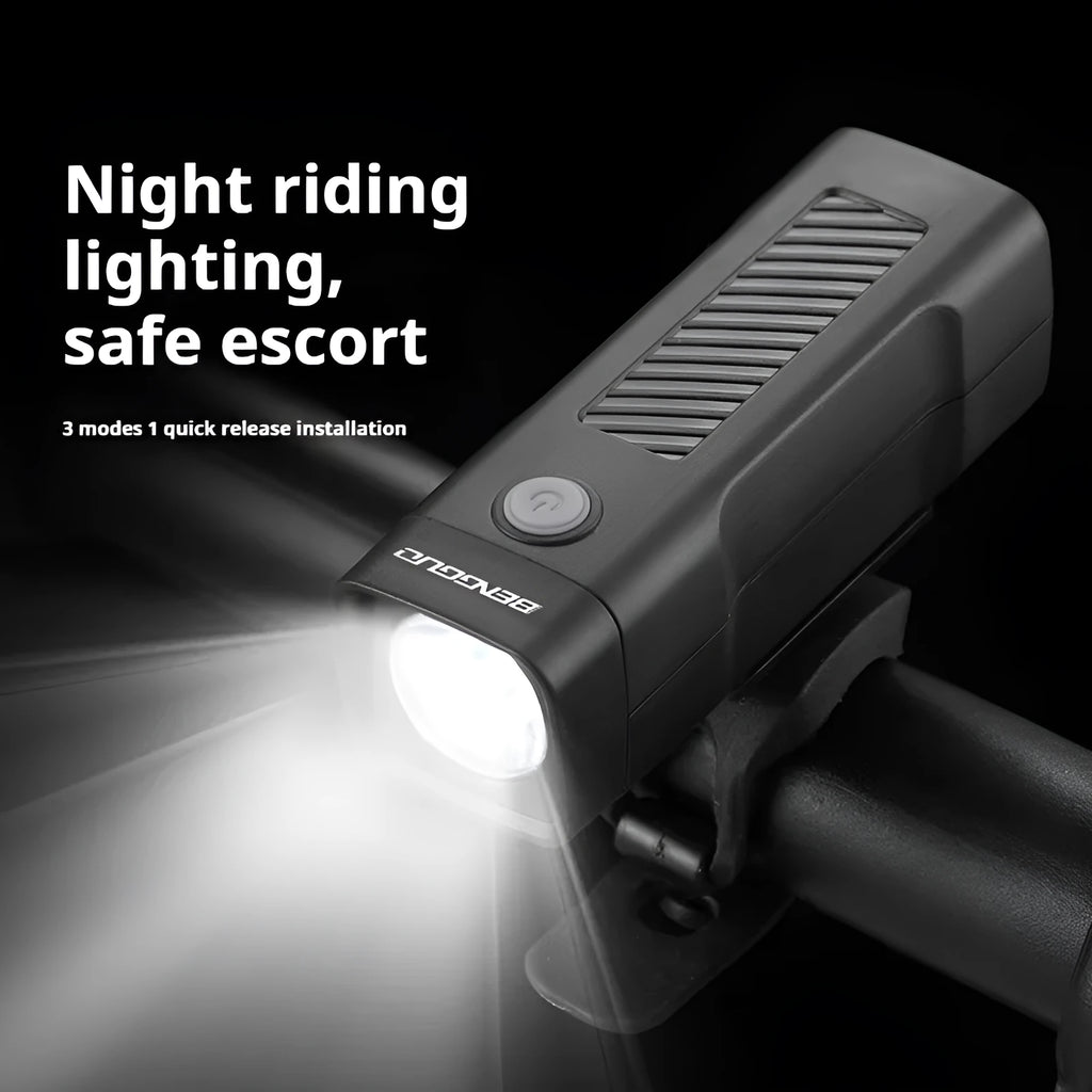 USB rechargeable bicycle headlight with quick release strap mounting on handlebars