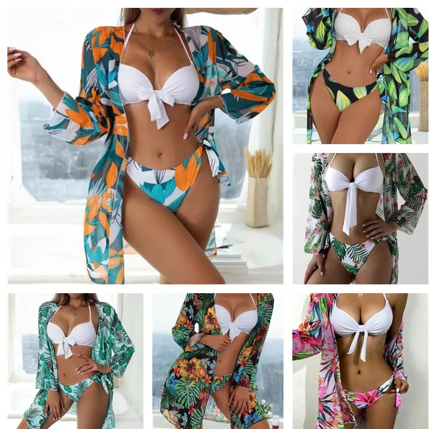 Women's three-piece mesh split bikini swimsuit set with top, pants, and coat in polyester quick-dry fabric