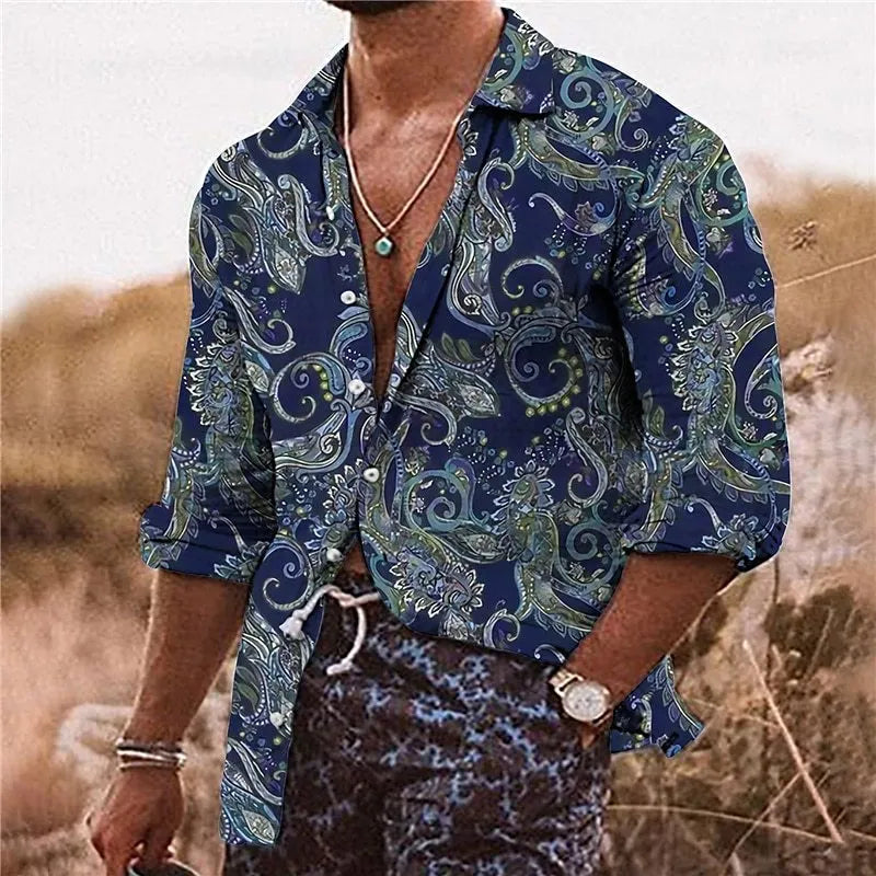 Man wearing a loose-fit bohemian-style shirt with a vibrant 3D floral print and long sleeves.