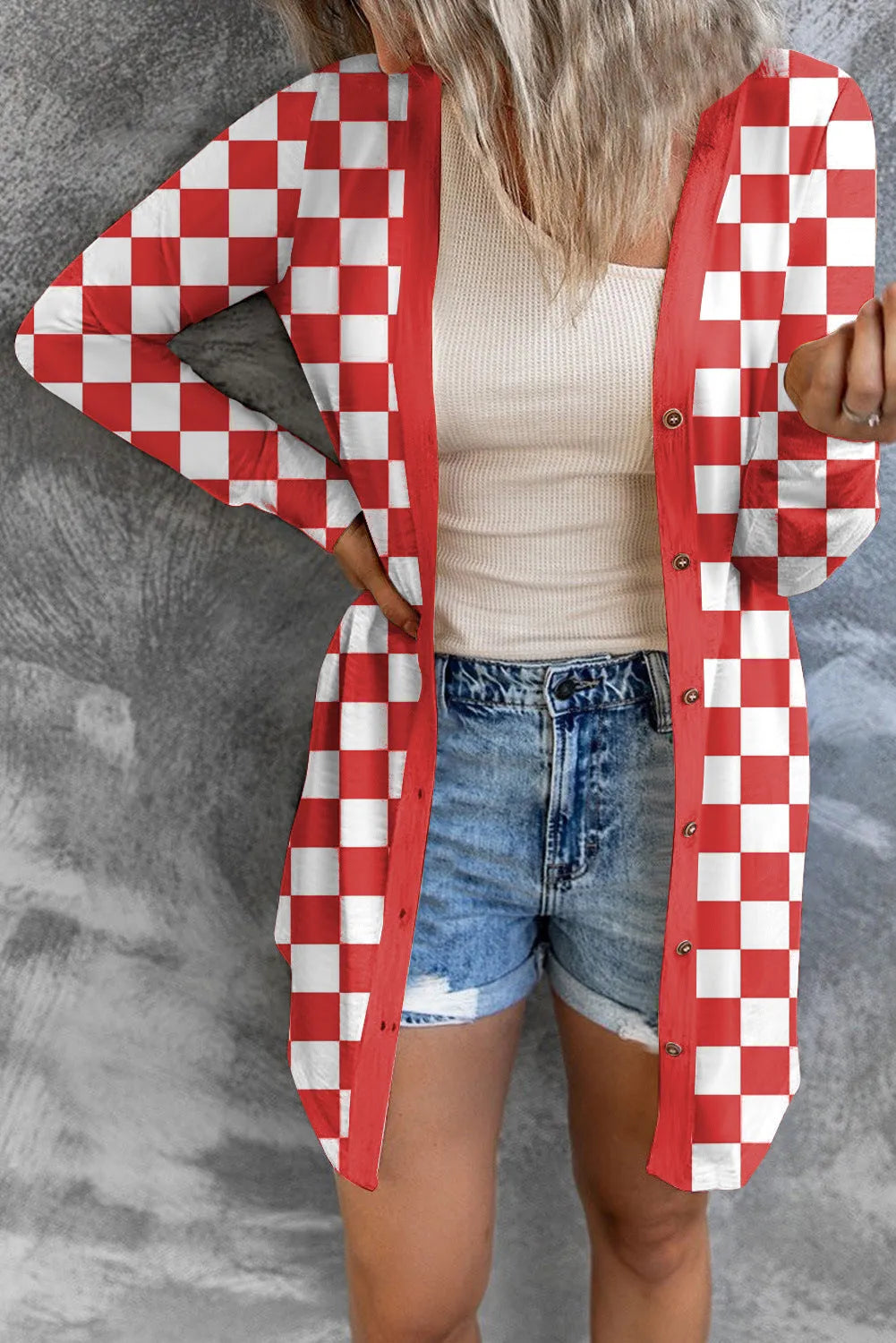 Women's long plaid contrast colour knitted cardigan coat in loose fit street fashion style