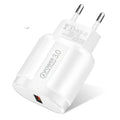 White and black smart mobile phone chargers with EU, UK, and US plug pins displayed.