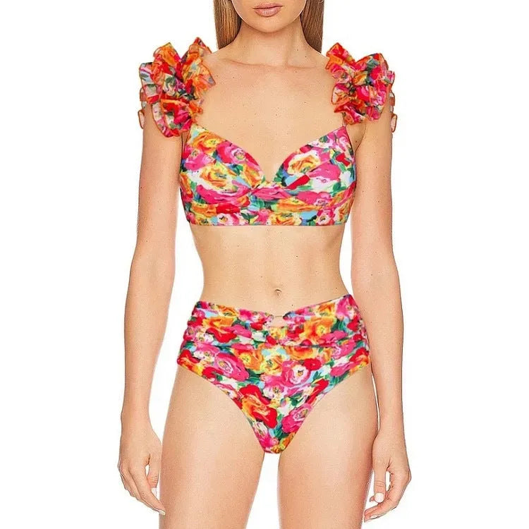 Women's floral pattern push up bikini set with high waist design and split skirt option