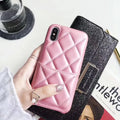 Leather iPhone case shown in black, pink, and red, compatible with XS Max, XR, X, 8, 7, and 6 models.