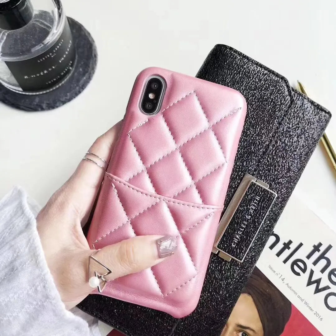 Leather iPhone case shown in black, pink, and red, compatible with XS Max, XR, X, 8, 7, and 6 models.