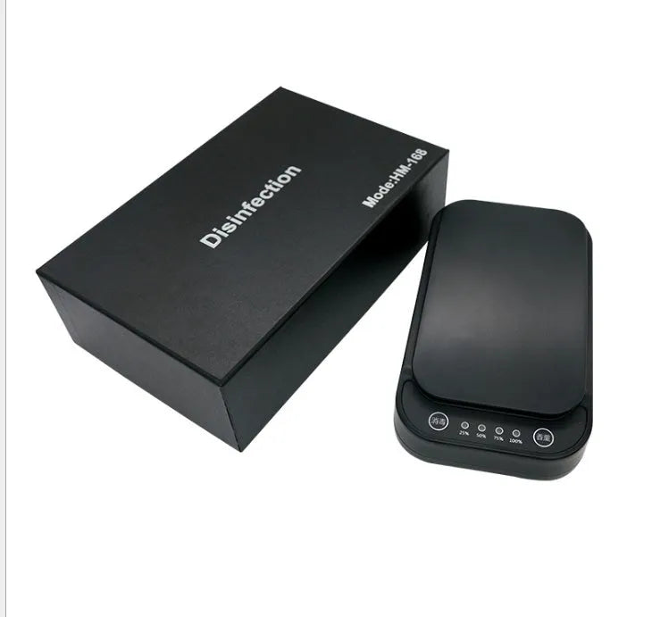 A black or white wireless UV disinfection box for mobile phones, showing phone inside.