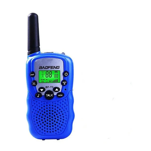 Child holding colourful walkie talkie with antenna extended, showing 22-channel display