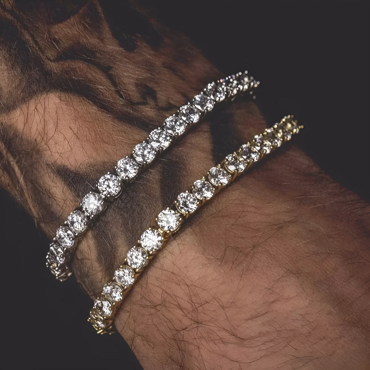 Men's geometric chain link bracelet with single row iced-out rhinestones and tennis charm styling