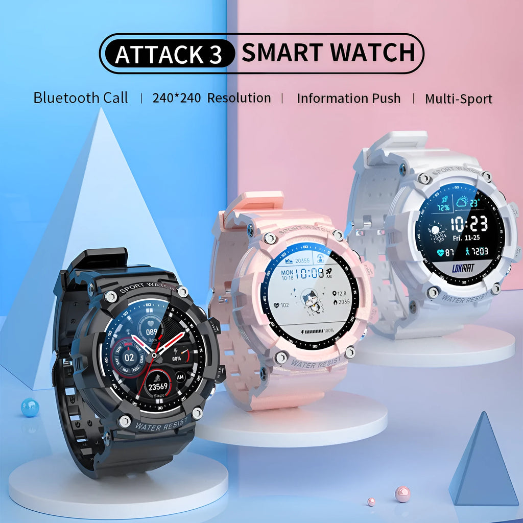 Black smart sports watch with round colour screen showing heart rate display on TPU strap