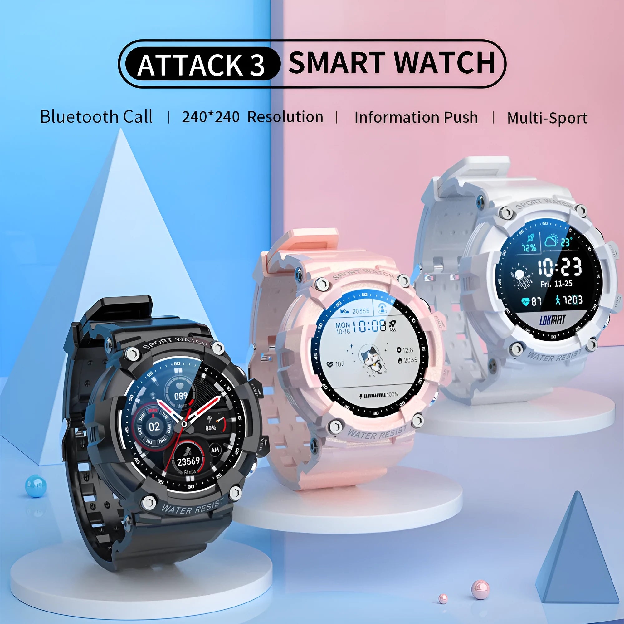 Black smart sports watch with round colour screen showing heart rate display on TPU strap