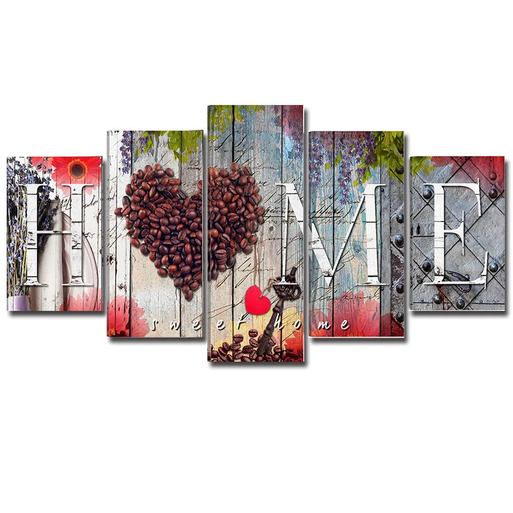 Set of five red oil painting texture canvases in different sizes for home wall decoration