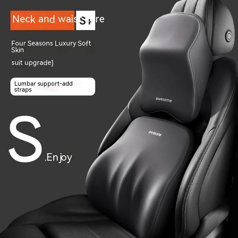 Memory foam automotive headrest pillow and lumbar support pillow set in a choice of solid colours.