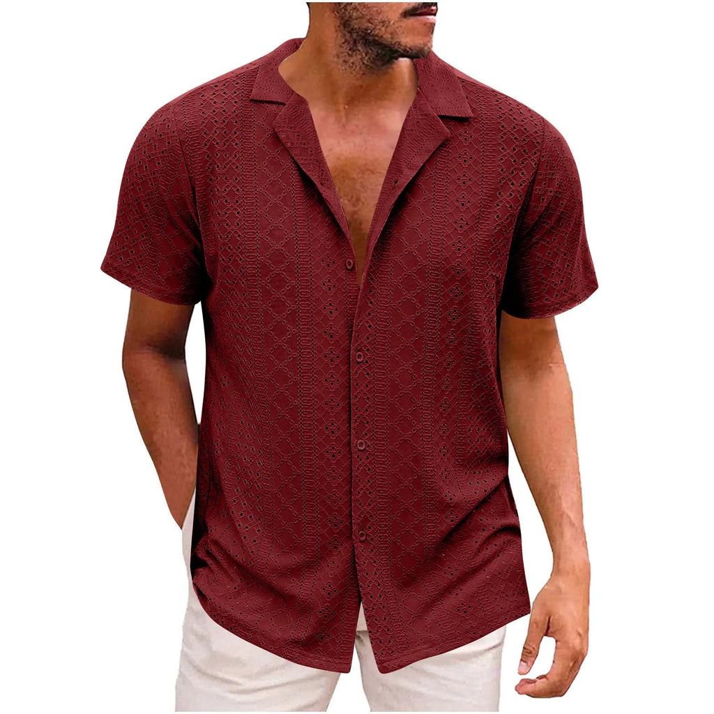 Men's breathable lightweight polyester casual shirt with lapel collar, regular fit, in white, black, wine red, grass green, light blue, purple, dark green.