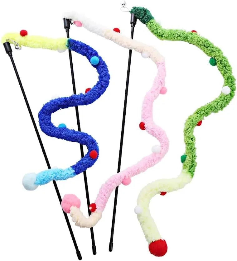 Colourful cat wand toy with plush strip and bell ball on 41cm pole