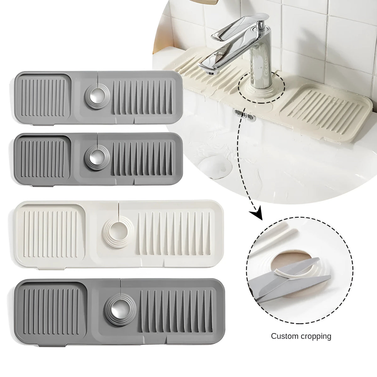 Silicone faucet splash guard pad in beige colour with sloped design and two drain holes on a kitchen sink.