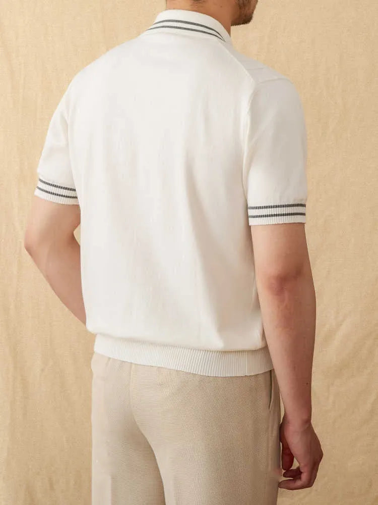 Cotton knitted short-sleeved lapel polo shirt in apricot colour showing collar detail