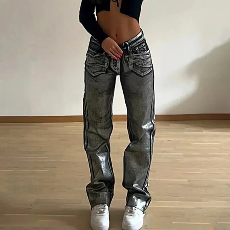 High waist straight leg jeans in washed blue with silver contrast street hipster style