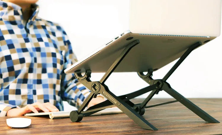 Black folding portable laptop stand made of reinforced nylon with compact dimensions