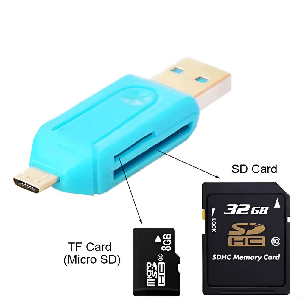 White OTG card reader with micro USB connector for Android phones and computers showing SD and TF card slots