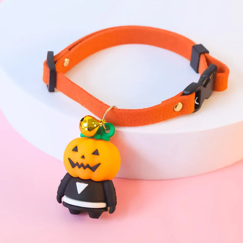 Halloween dog collar decoration in polyester with cartoon Pumpkin Man, luminous brat, and luminous skull designs.