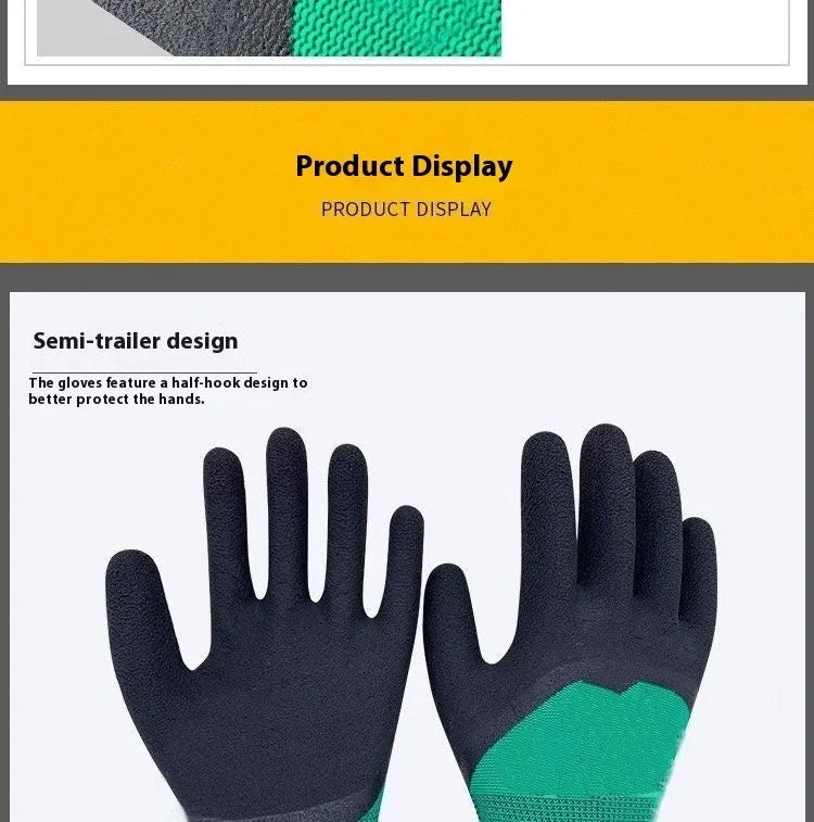 Black and green rubber work gloves with a textured non-slip palm