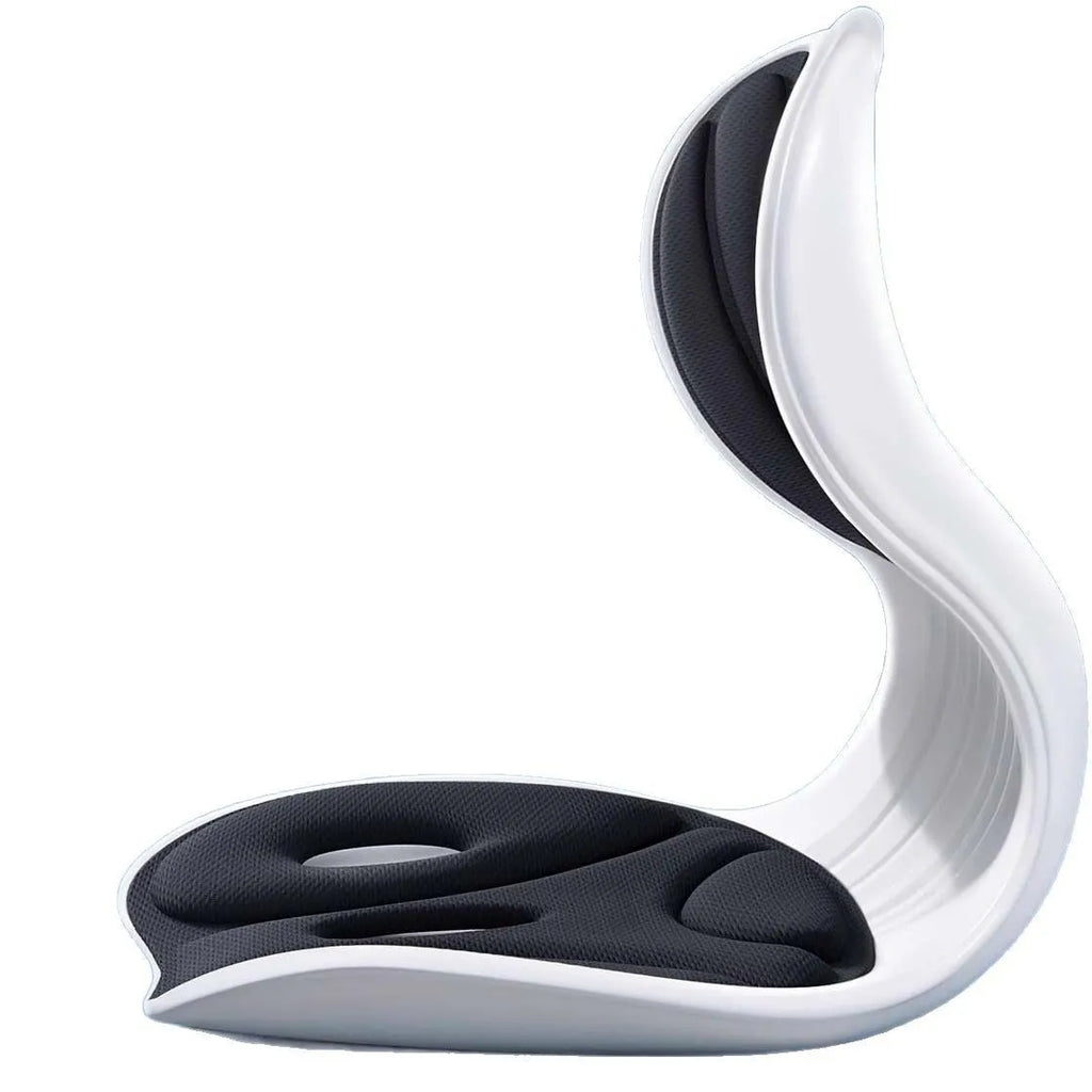 Grey lumbar support cushion on office chair for waist and lower back comfort