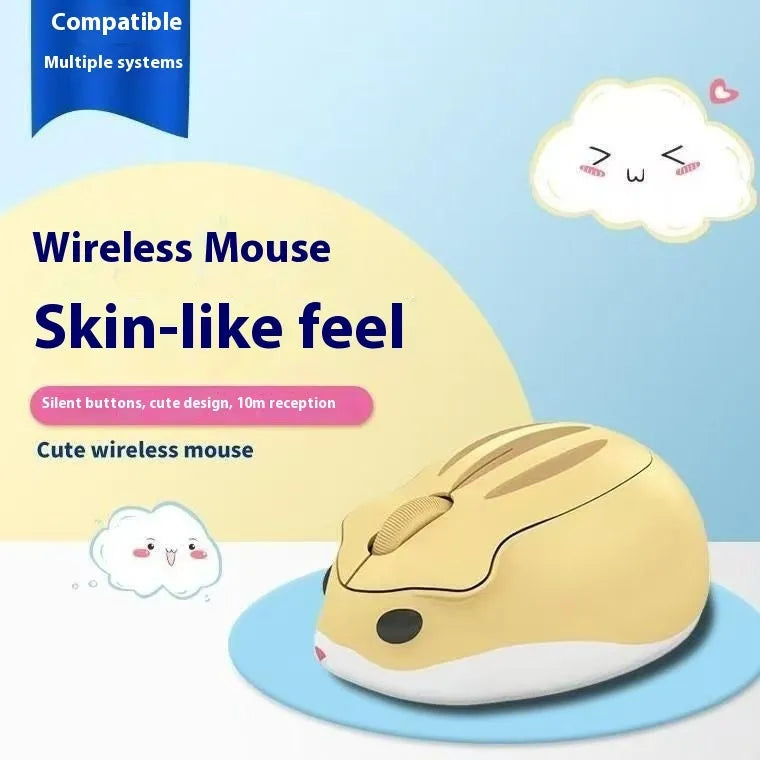 Hamster 109E Bluetooth wireless mute mouse in yellow, pink, and grey colours, showing compact size.