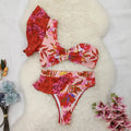 Pink and red floral print one-shoulder ruffled bikini top with high-waisted swimsuit briefs