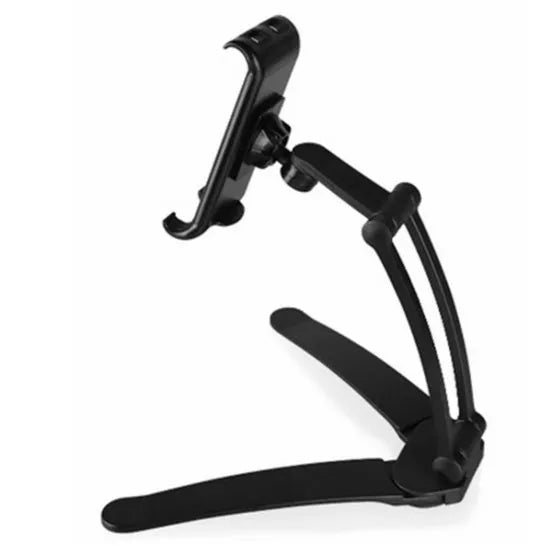 Silver and white aluminium alloy desktop tablet stand holding a tablet at an adjustable angle.