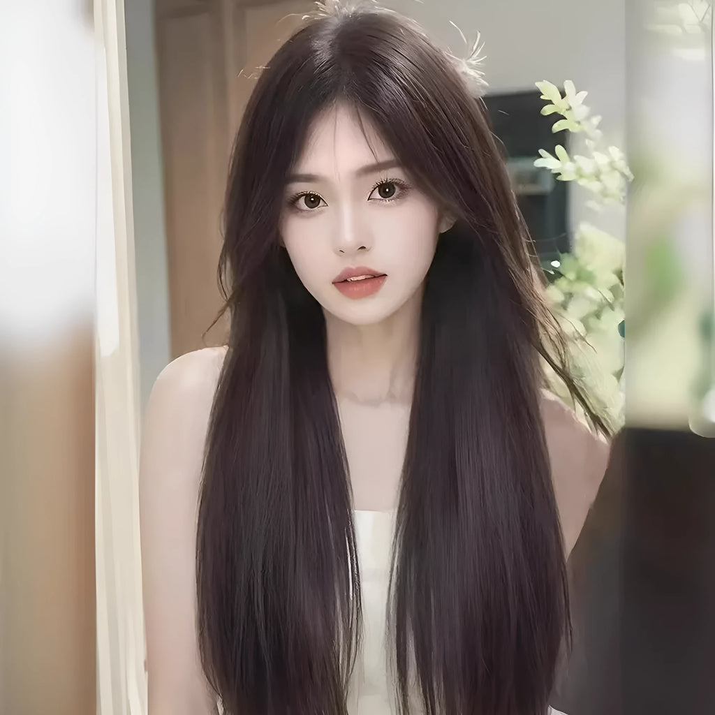 Long straight synthetic wig with forehead lace front and side bangs in dark brown colour.