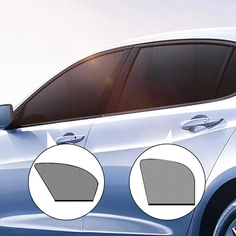 Set of four non-woven fabric mesh sunshades installed on car front and rear side windows.