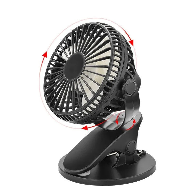 White USB rechargeable clip-on desk fan with plastic blades and a black clip attached to a surface.