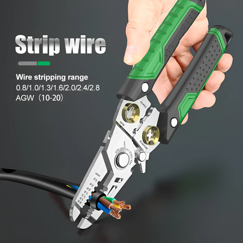 Stainless steel 7-in-1 wire stripper tool with two-colour ABS handle for 0.8mm to 3.2mm cables