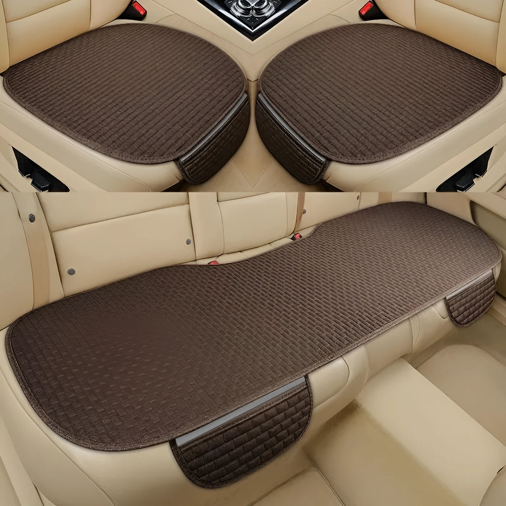 Linen car seat cushion in black and red with hemming detail for business vehicles