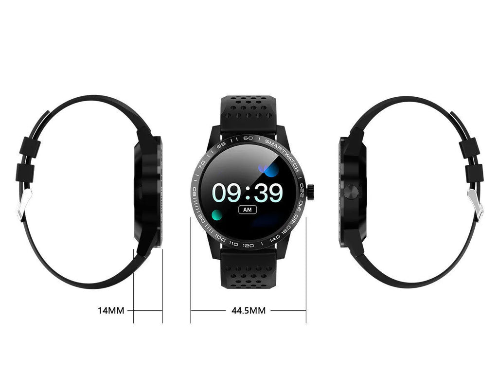 Black smart bracelet with colour screen displaying heart rate and fitness data on wrist