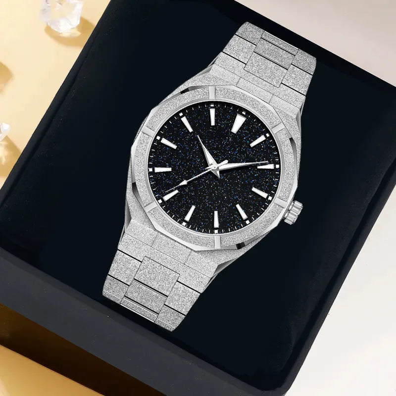 Men's silver frosted stainless steel business watch with luminous dial on a black background.