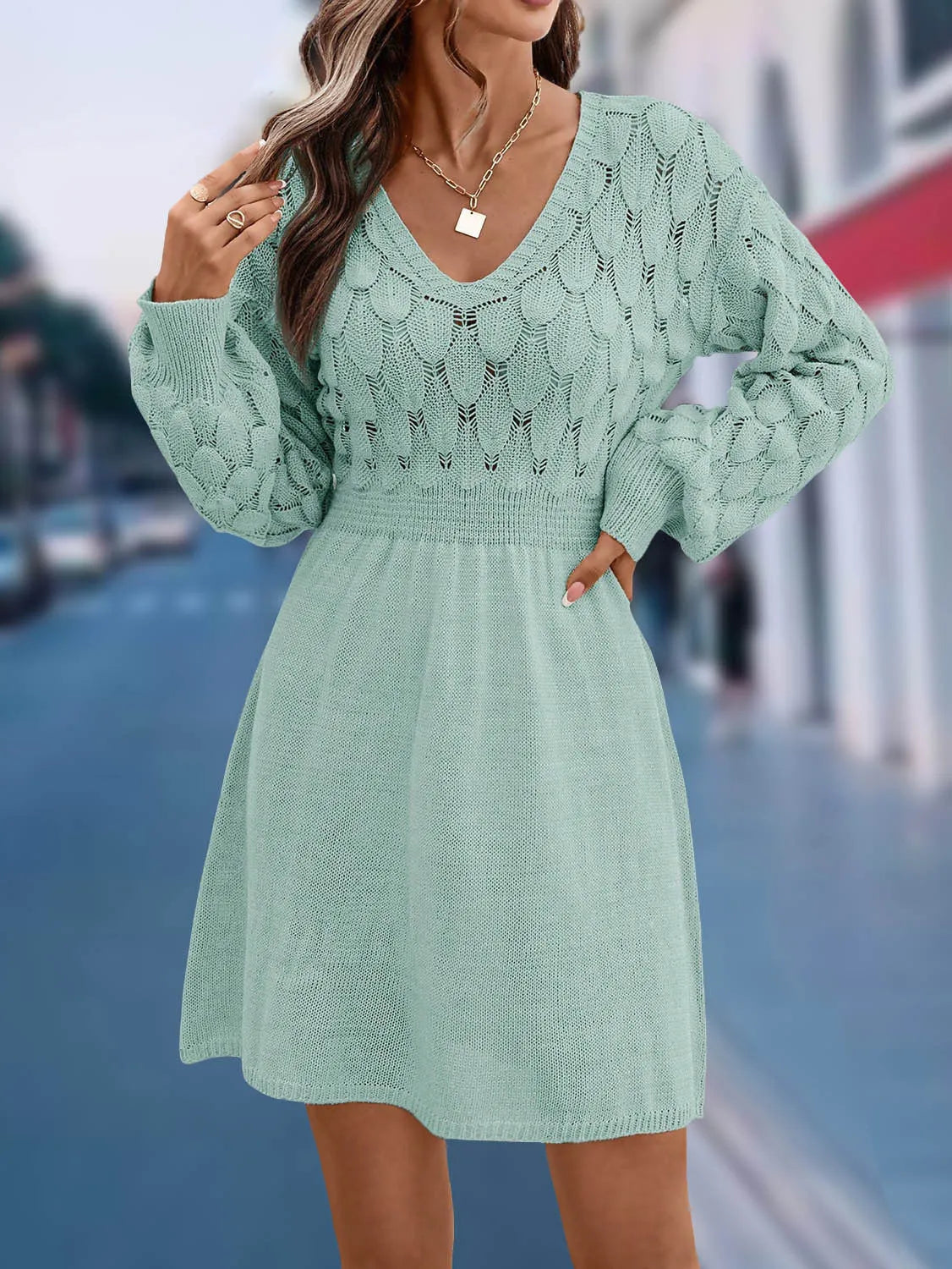 Acrylic V-neck ethnic style beach dress with long sleeves and 3D pattern in apricot colour