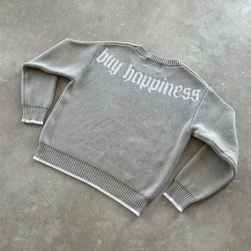 Grey jacquard pattern loose-fitting knitwear coat with long sleeves for autumn winter wear