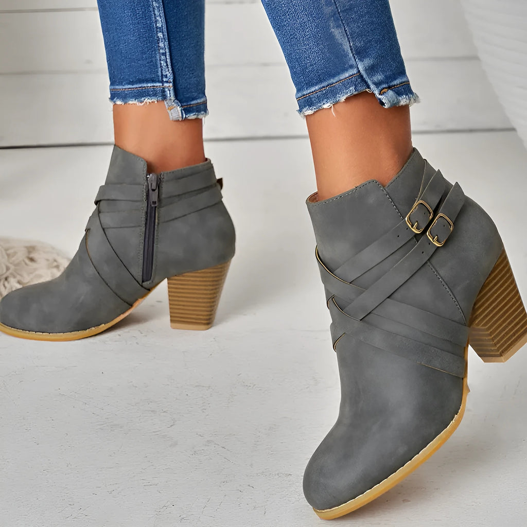 Women's plus size short boots with 7cm heels in black, brown, or grey with side zipper and belt buckle