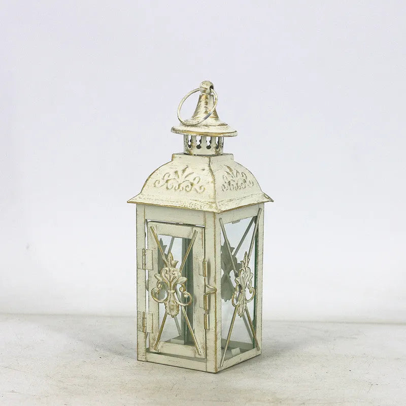 European style wrought iron floor-standing storm lantern with tempered glass panels for garden decoration