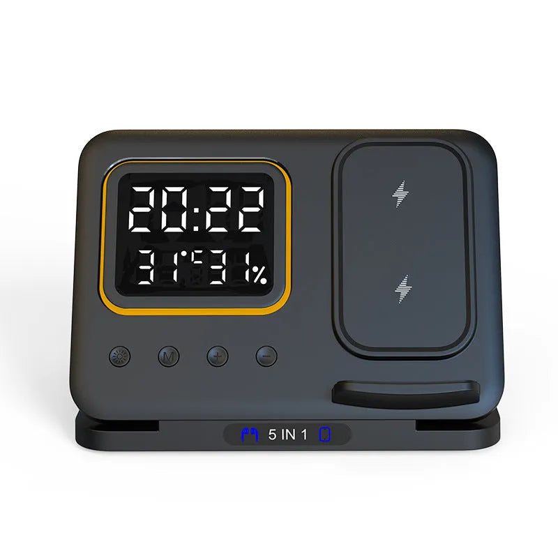 Black wireless charging station with digital clock displaying time and temperature charging phone and watch