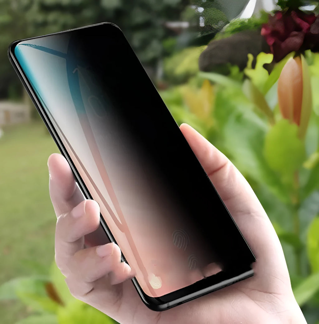 Samsung Galaxy tempered glass screen protector showing full coverage and anti-seeking alignment features