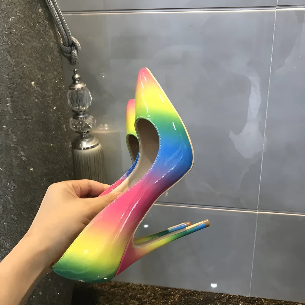 Rainbow patent leather women's ultra-high heel stiletto shoes with pointed toe